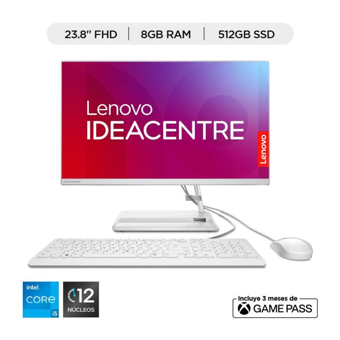 Todo en uno Lenovo IC 3 24IAP7 Intel core i5 12450H 23,8 Pulgadas FHD Memoria 8GB Estado Solido 512GB Linux Blanco