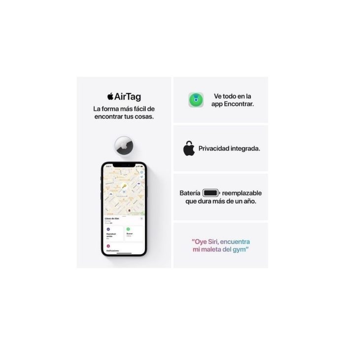 AirTag (Paquete de 4), El AirTag es una forma muy fácil de saber dónde están tus cosas. Pon uno en las llaves, otro en la mochila, y las tendrás localizadas con la app Buscar. Tranquilidad total.
