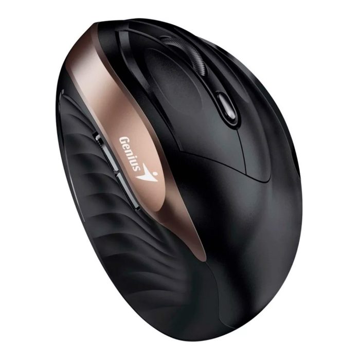 Mouse GENIUS Ergo 8250 Dorado Tipo: Optico/Botones: 6/Resolucion: 800 / 1200 / 1600 DPI/Interfaz: 2.4 GHz/Puerto USB/Alcance: 10 metros (sin interrumpir)/Alimentacion: 1 pila AA (incluida)/Medidas: 111.2 x 78.3 x 73.8 mm/Peso: 97 gr
