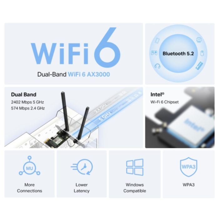 Adaptador de red MERCUSYS PCIe AX3000 Wi-Fi 6 Bluetooth 5.2
