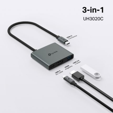 USB Type-C 3-Port Hub SPEC: 1 × USB-C Connector,1 × HDMI 4K 60Hz Port,1 × USB-C PD 100W Port,1 × USB-A 3.0 Ports FEATURE: Plug and Play, Self-storage for Connector, Fast Heat Dissipation, Flexible and Durable