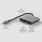 USB Type-C 3-Port Hub SPEC: 1 × USB-C Connector,1 × HDMI 4K 60Hz Port,1 × USB-C PD 100W Port,1 × USB-A 3.0 Ports FEATURE: Plug and Play, Self-storage for Connector, Fast Heat Dissipation, Flexible and Durable