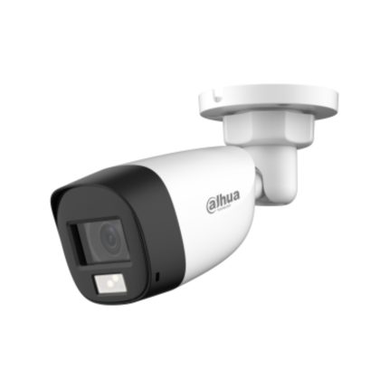 Cámara Analoga tipo Bala de 5 MP/lENTE FIJO DE 2.8MM hasta 25 fps/HDCVI, CVBS, AHD, TVI (conmutación DIP)/Iluminación Smart Dual Light (IR + luz cálida), hasta 30 m/ Micrófono integrado, transmisión por cable coaxial/ resistencia IP67/ 3D-DNR para reducción de ruido/Semiplastica