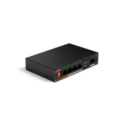 Switch Dahua PoE 5 puertos 10/100, NO ADMINISTRABLE / 4 puertos PoE, Admite los estándares 802.3af y 802.3at, Admite transmisión PoE de larga distancia de 250 m, Función de PoE watchdog, PoE inteligente, Hi-PoE 60W (puerto naranja)