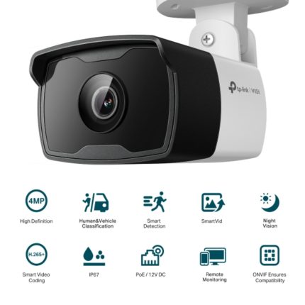 Cámara IP VIGI tipo Bala 4MP. Lente Fijo 4 mm. INCLUYE Detección Inteligente (Clasifica Humanos y Vehículos), Detección de Movimiento, Detección de Intrusión de Área, Detección de Cruce de Línea, Detección de Manipulación de Cámara, Detección de Objeto abandonado, Detección de Remoción de Objetos.